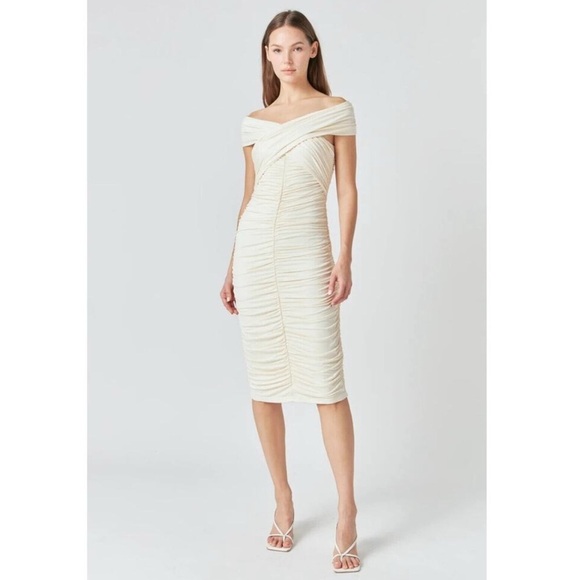 Endless Rose Ruched Bodycon Midi Dress In Cream Small - Picture 1 of 7